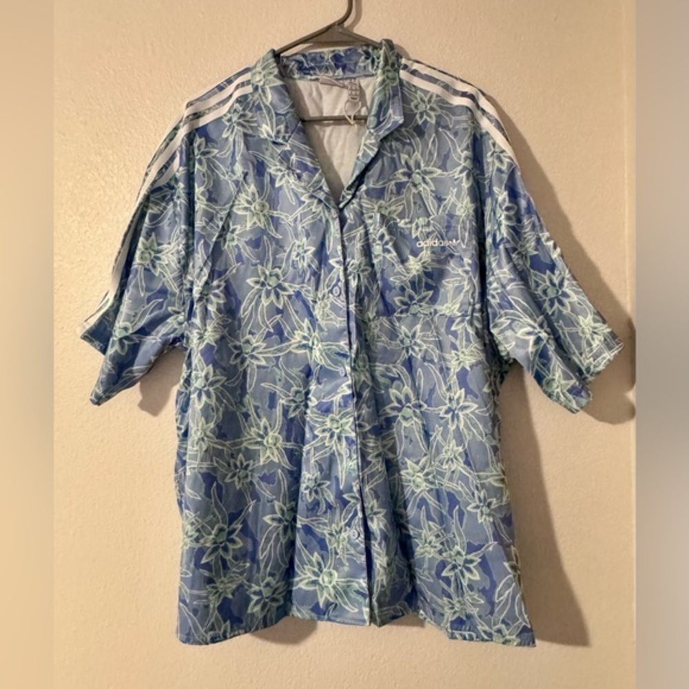 adidas Blue Floral Short-Sleeve Button-Up Top